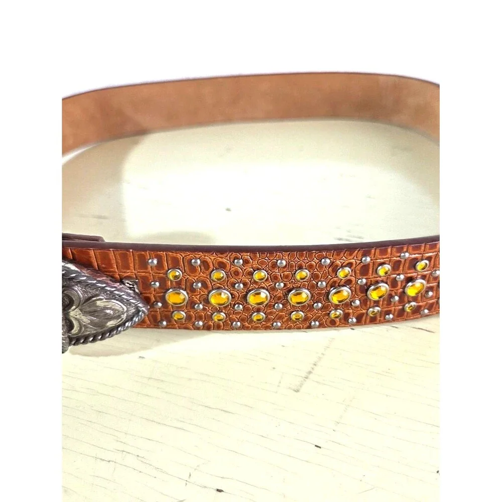 Vintage Ariat Western Leather Belt 1996 Brown Studded Rhinestone Concho Women M